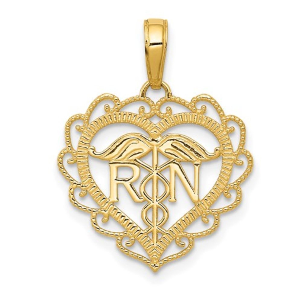14k Yellow Gold Registered Nurse Heart beaded scalloped Frame Necklace Pendant